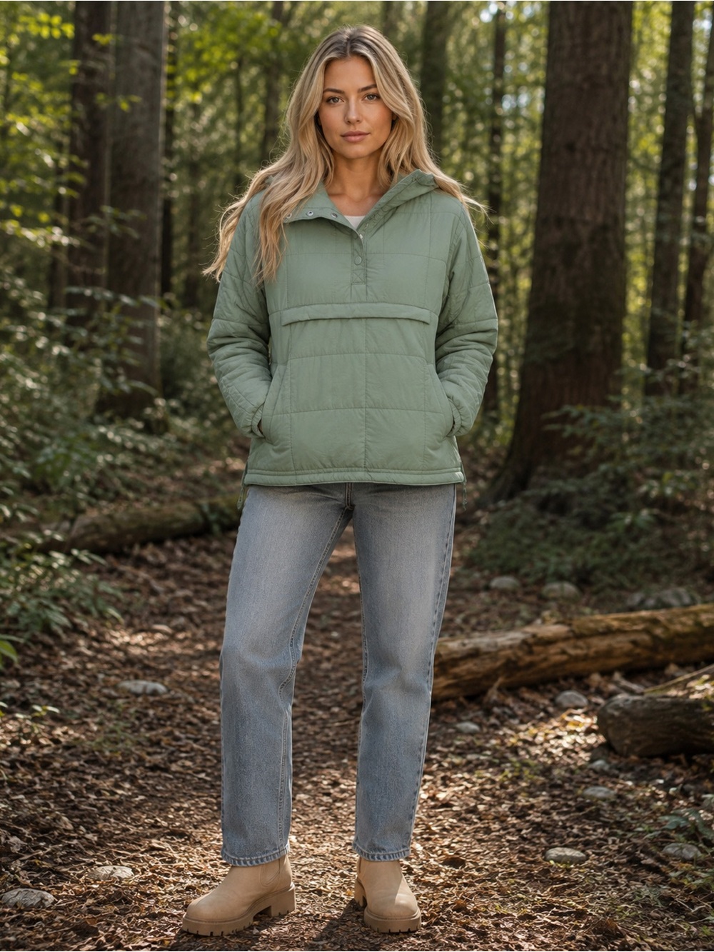 Love Tree Sage Green Quilted Packable Hooded Pullover Jacket